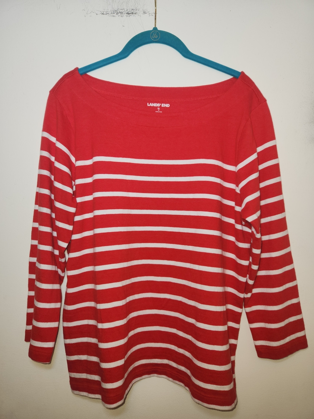 Lands' End Women's Red & White Striped Boatneck Top XL